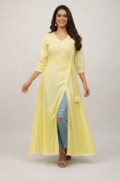 Lemon yellow ombre shade dobby cotton angrakha kurti with heavy handwork - front view
