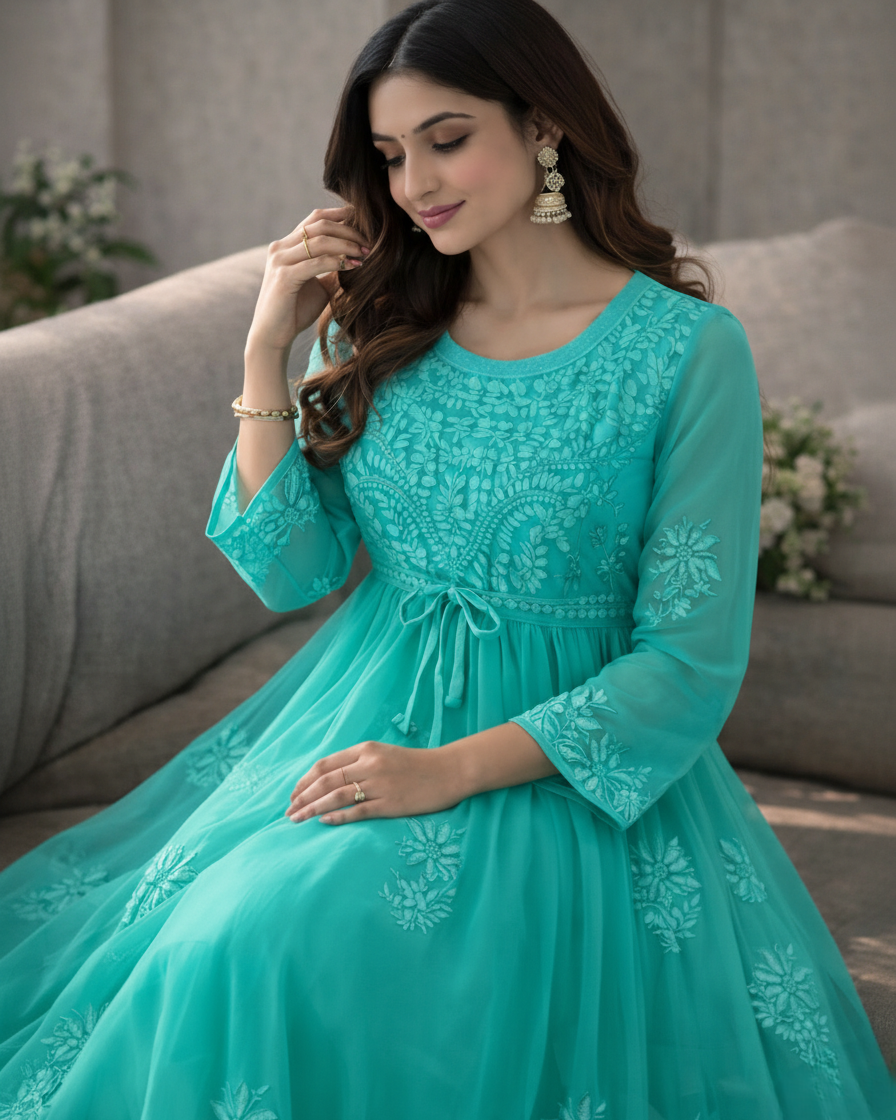 Green georgette anarkali with intricate embroidery - sitting view