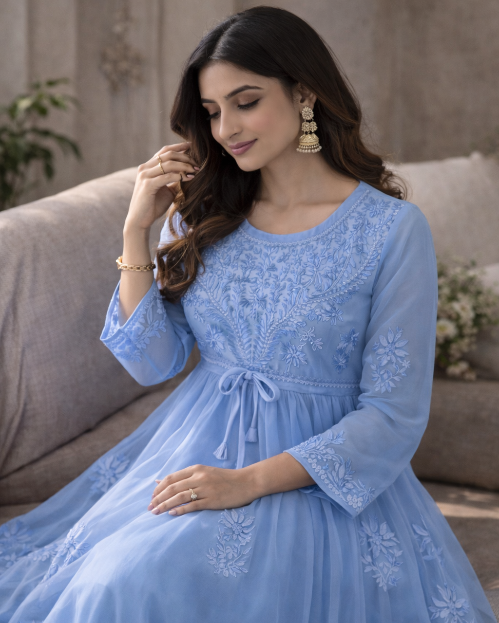 Blue georgette anarkali with intricate embroidery - sitting view