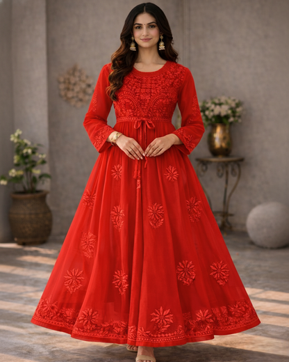Red georgette anarkali with intricate embroidery - front view