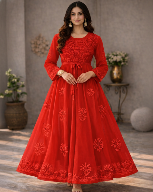 Red georgette anarkali with intricate embroidery - front view