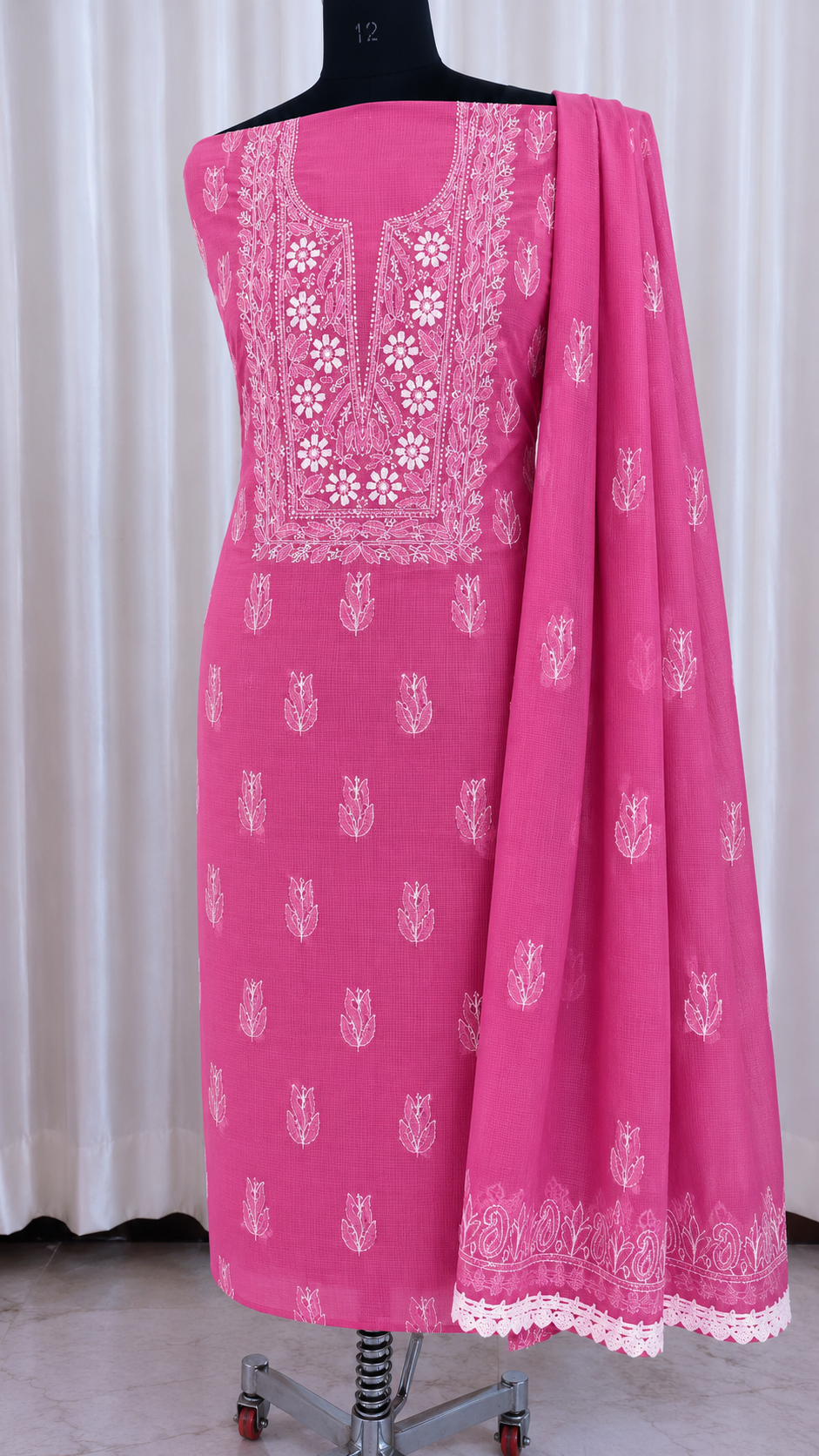 Soft Kota Doria Top & Dupatta Dress Material with Lucknowi Chikankari & Kurashiya Work