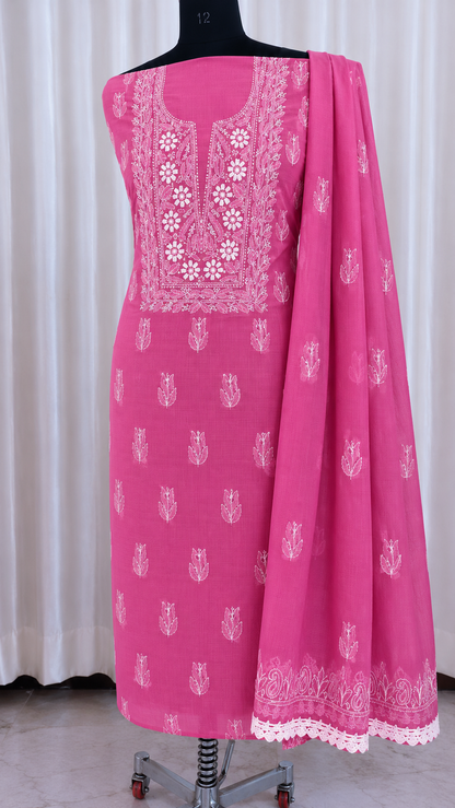 Soft Kota Doria Top & Dupatta Dress Material with Lucknowi Chikankari & Kurashiya Work