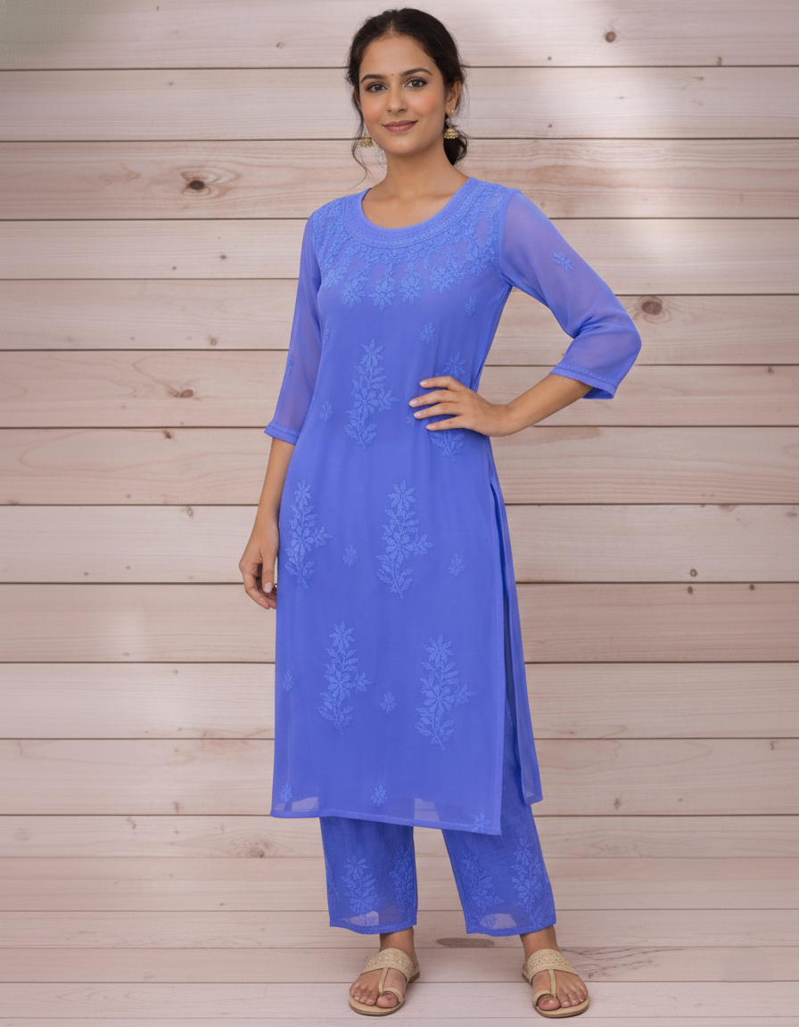 Blue georgette kurta palazzo set with heavy chikankari embroidery - front view
