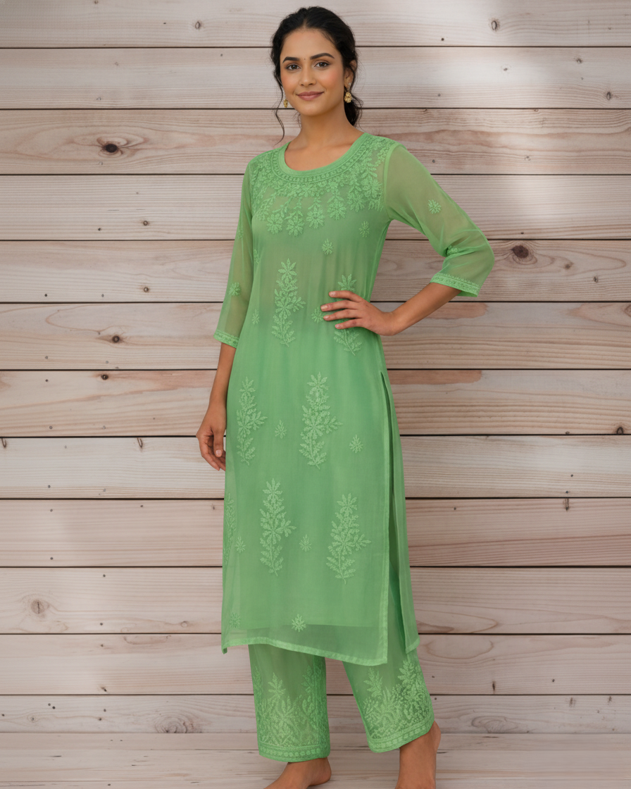Green georgette kurta palazzo set with heavy chikankari embroidery - front view