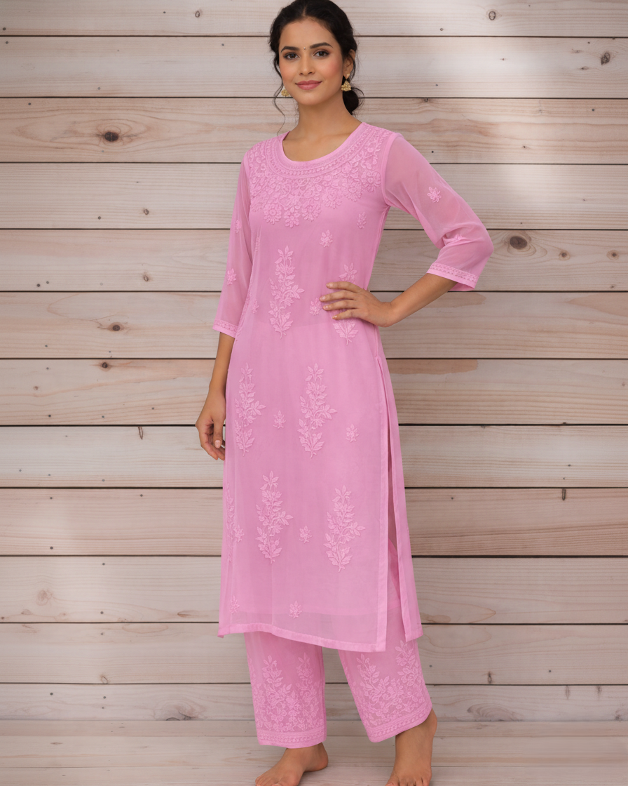 Pink georgette kurta palazzo set with heavy chikankari embroidery - front view