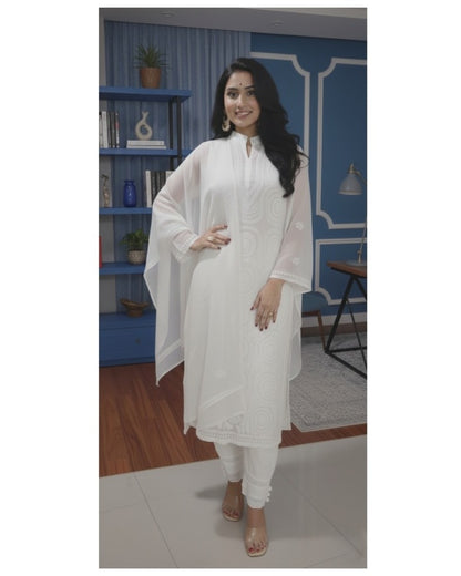 White georgette kurta dupatta pant set with tone-to-tone chikankari work - front view