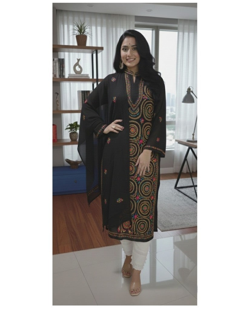 Black georgette kurta dupatta pant set with multicolor thread work - front view
