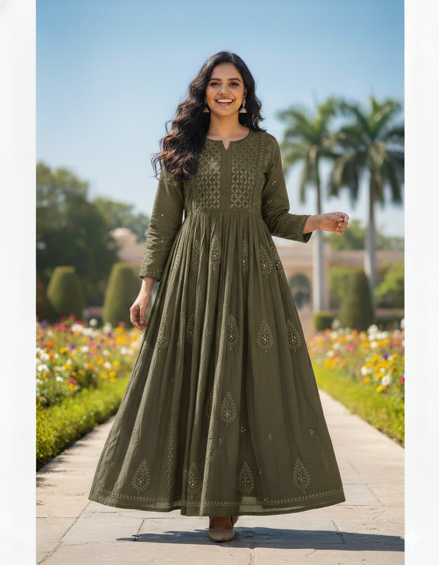 Bottle green cotton anarkali with chikankari and mukaish work - front view