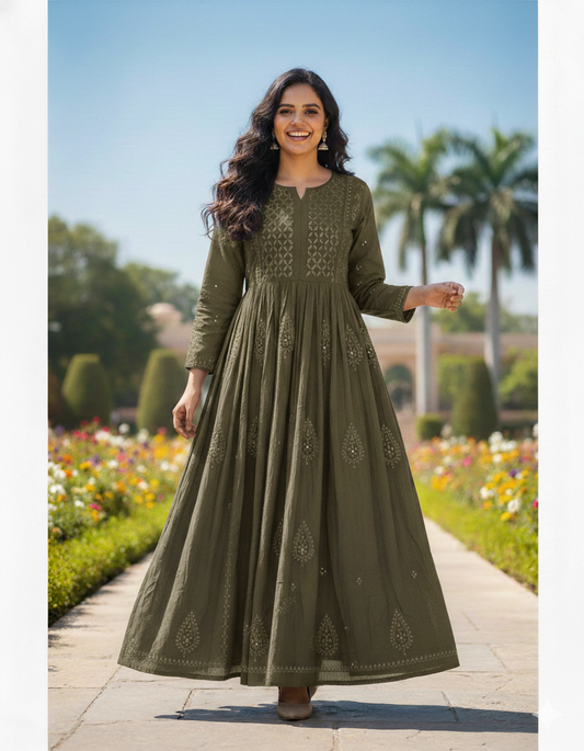 Bottle green cotton anarkali with chikankari and mukaish work - front view
