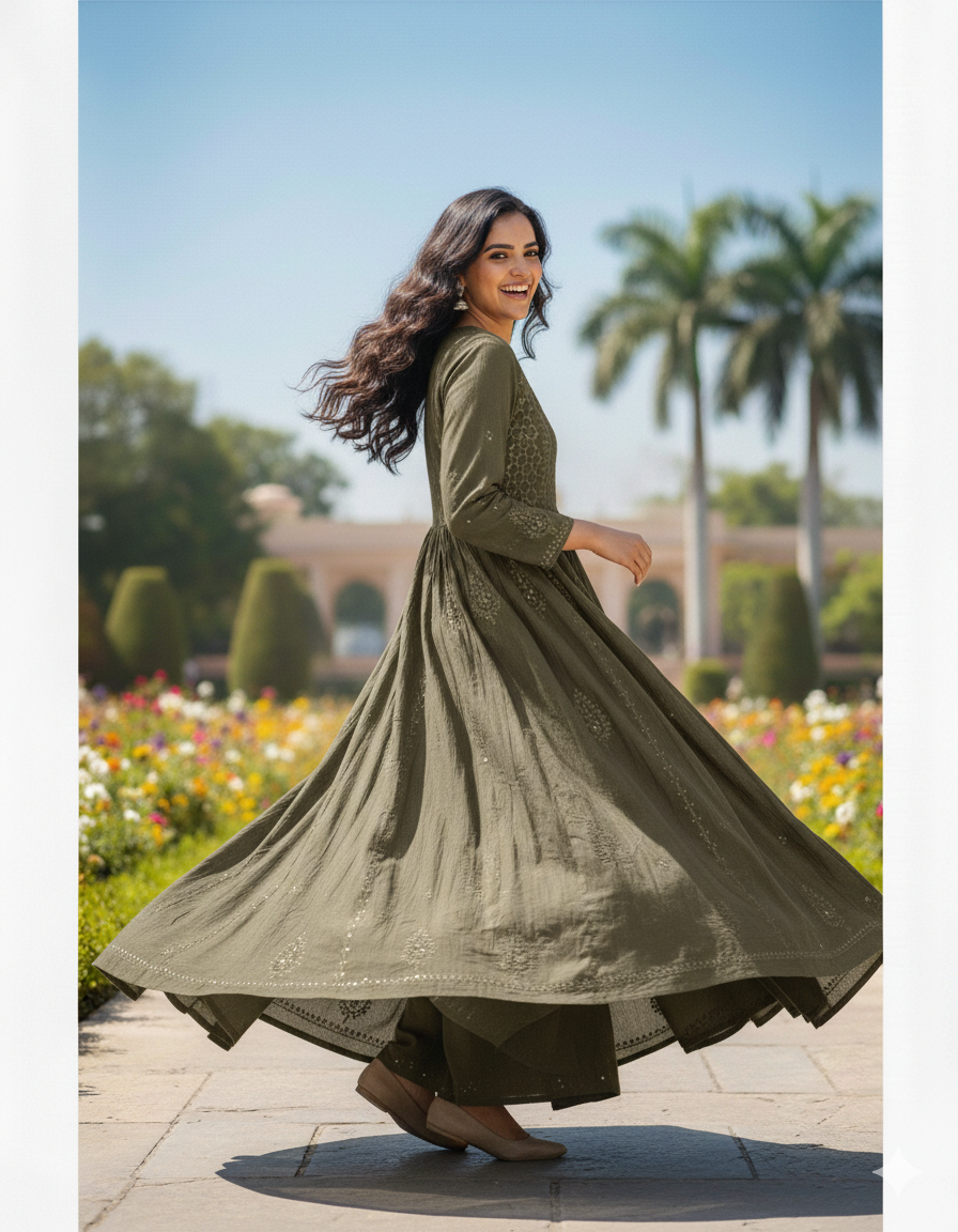 Bottle green cotton anarkali with chikankari handwork - side view