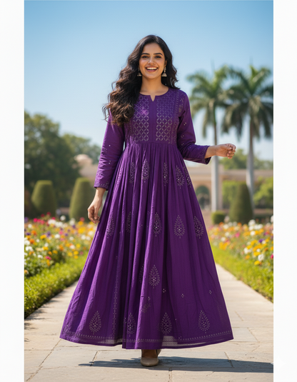 Purple cotton anarkali with chikankari and mukaish work - front view