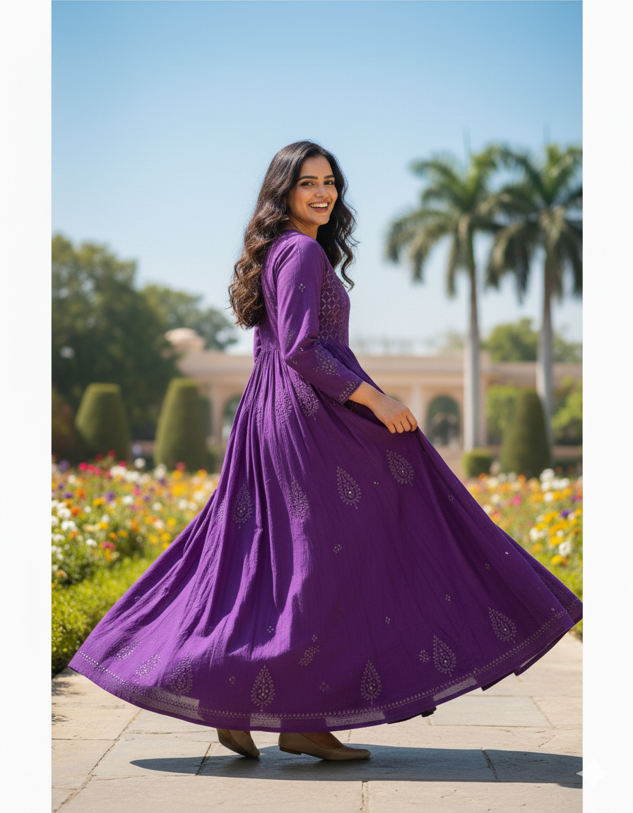 Purple cotton anarkali with chikankari handwork - side view