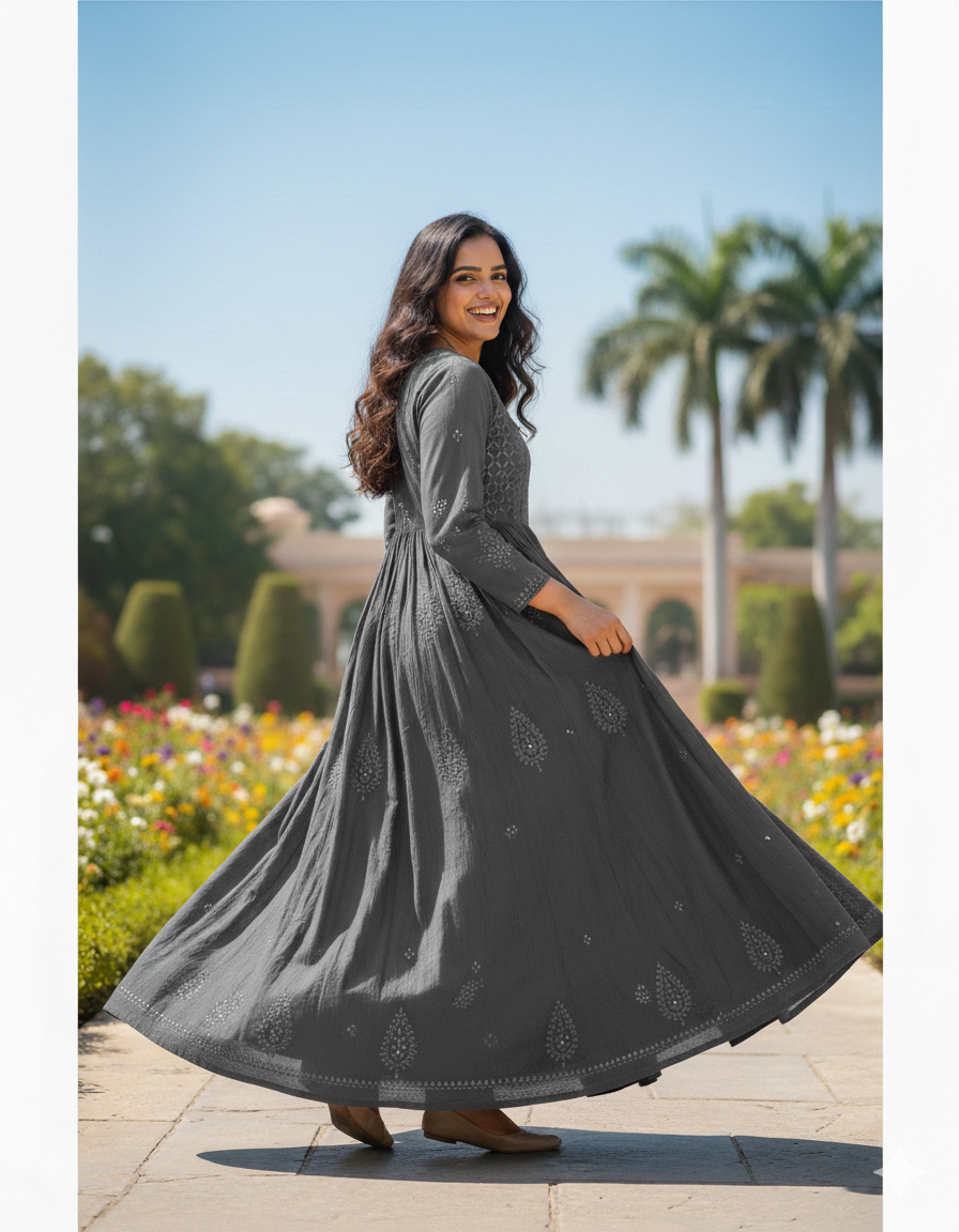 Gray cotton anarkali with chikankari handwork - side view