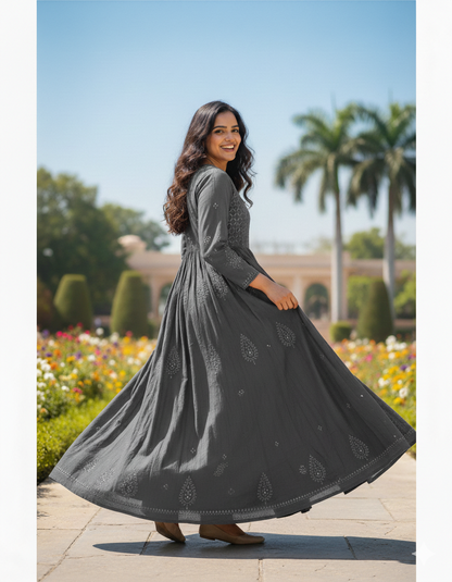 Gray cotton anarkali with chikankari handwork - side view