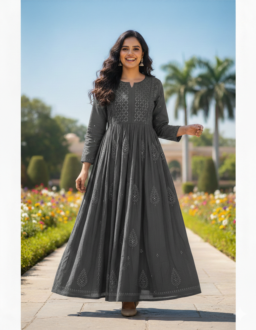 Gray cotton anarkali with chikankari and mukaish work - front view