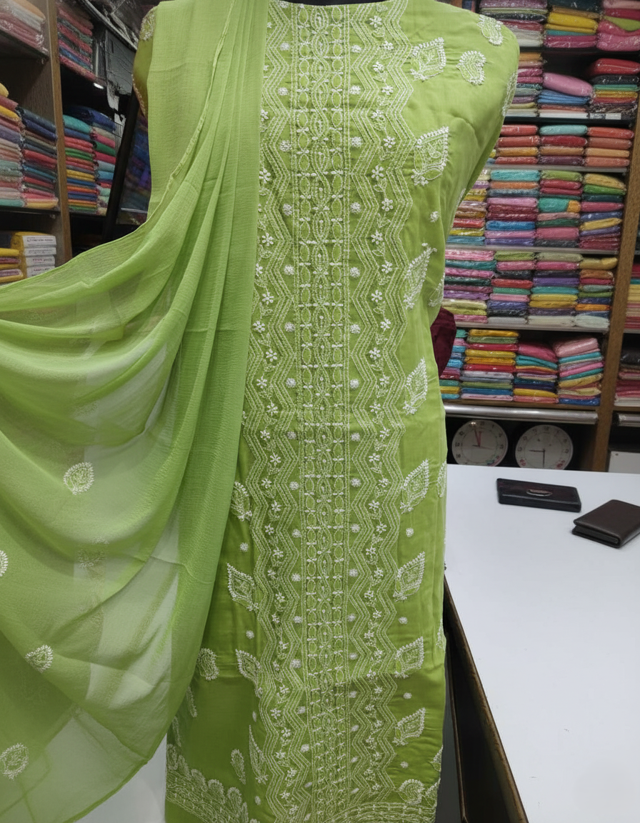 Pure Voile Cotton 3-Piece Suit with Chikankari Embroidery