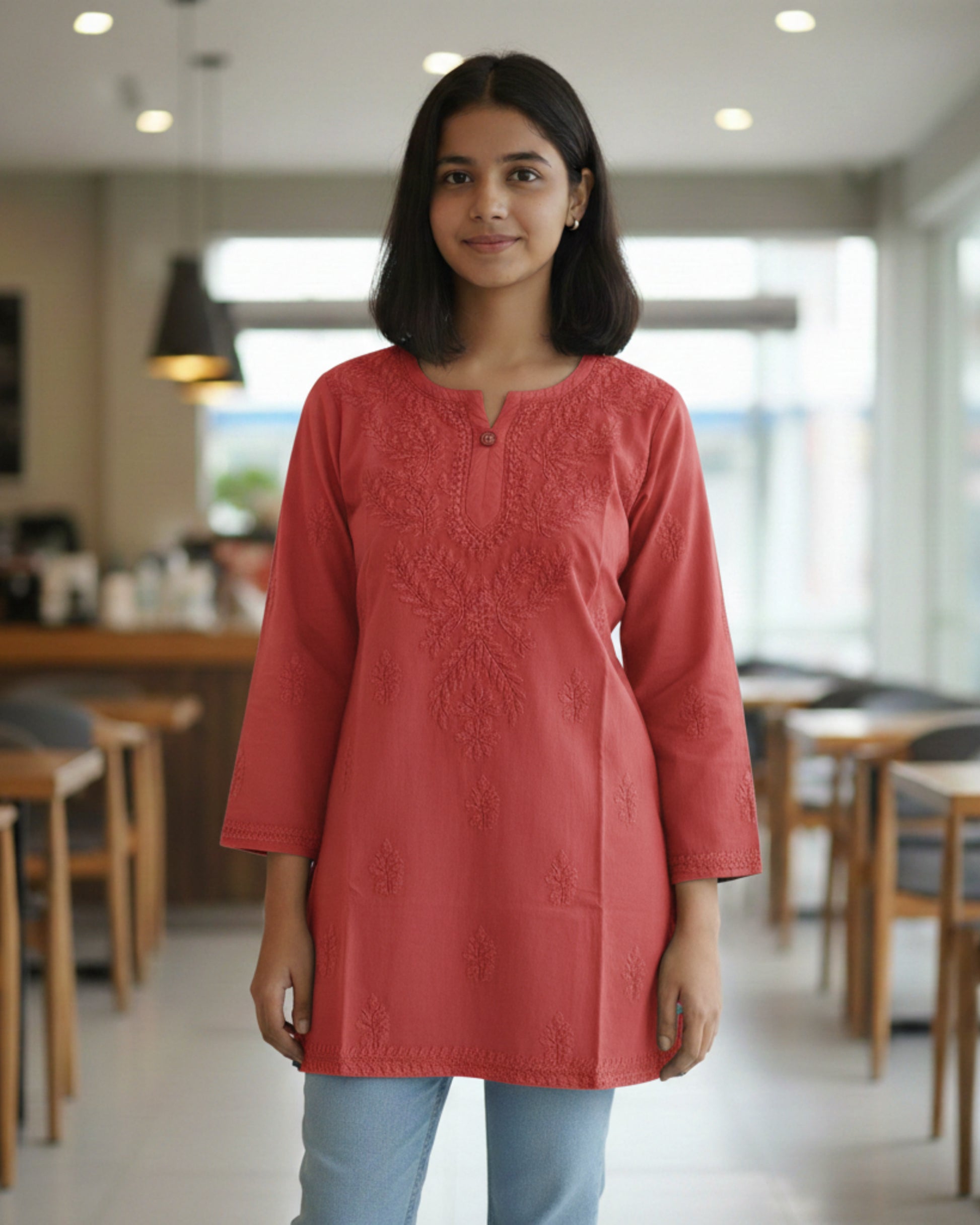 Red cotton short top with heavy chikankari work - front view