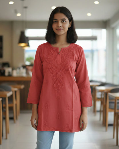 Red cotton short top with heavy chikankari work - front view