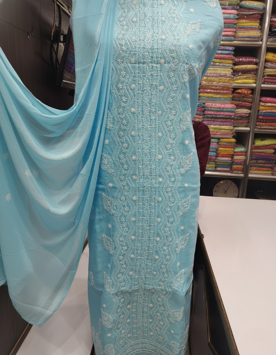 Pure Voile Cotton 3-Piece Suit with Chikankari Embroidery