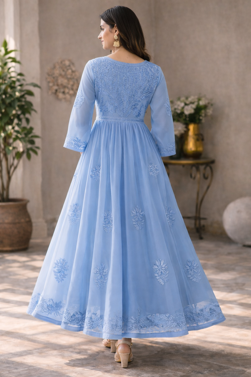 Blue georgette anarkali with intricate embroidery - back view