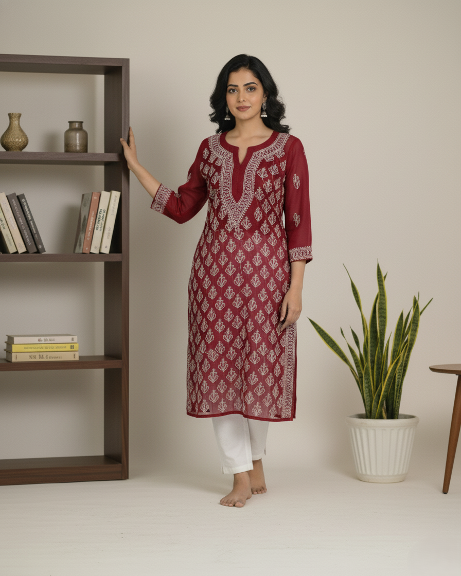 Wine red georgette jaal kurta with hand embroidery - front view