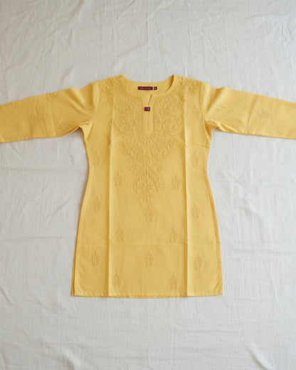 Yellow cotton short top with heavy chikankari work - Flat lay front view