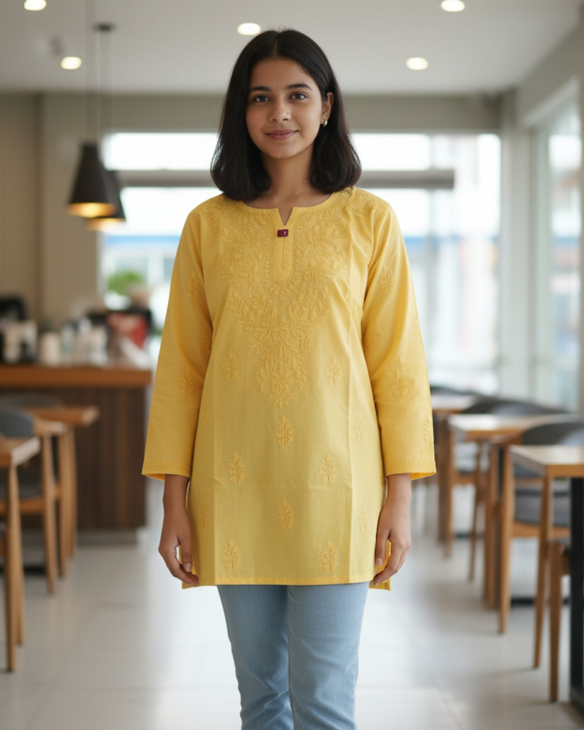 Yellow cotton short top with heavy chikankari work - front view