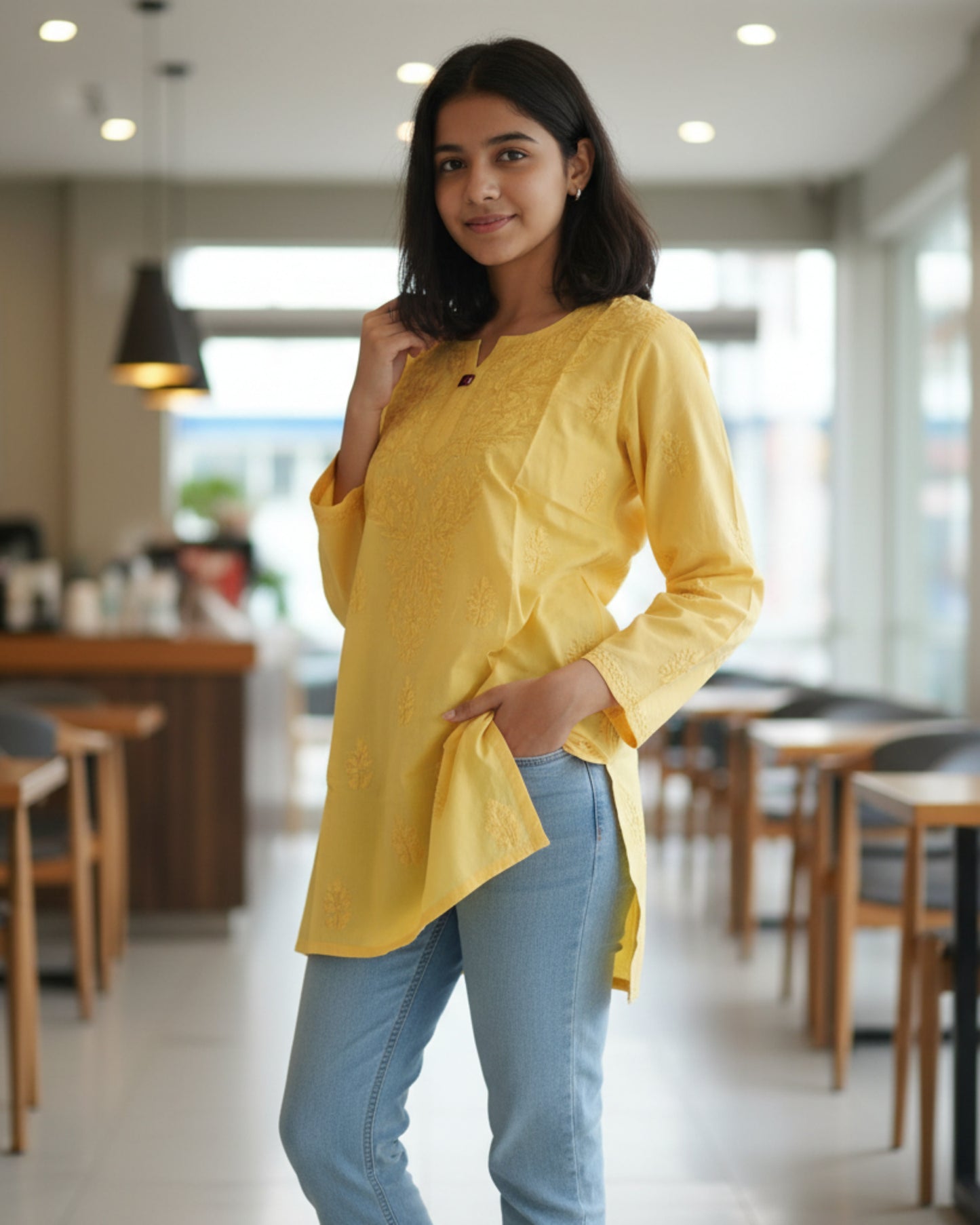 Yellow cotton short top with heavy chikankari work - side view